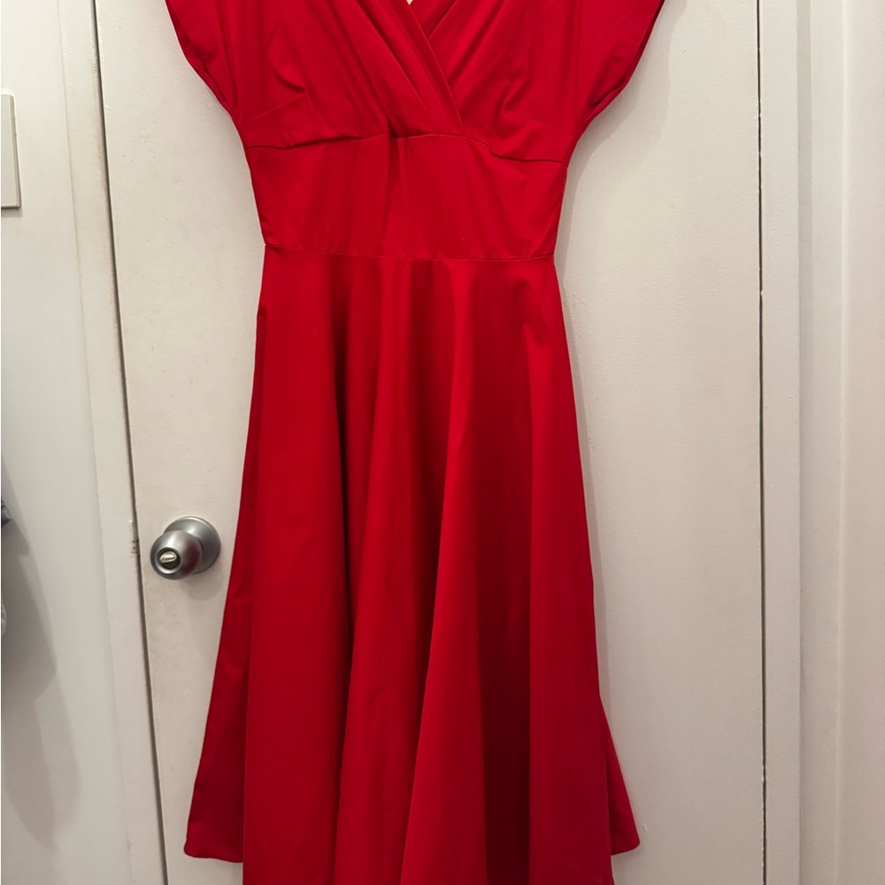 Red Full Skirt Midi Dress with Wrap V-neck Bust and Cap Sleeves
